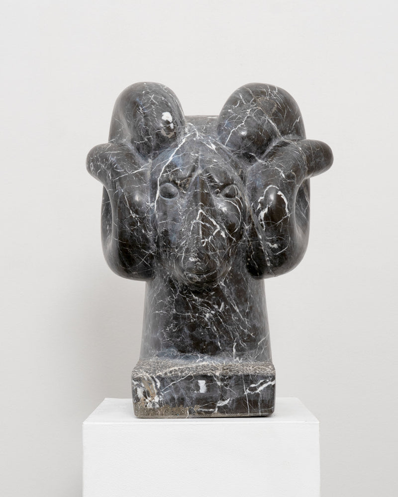 Large Vintage Marble Rams Head Sculpture by Tom Bogle | The Oblist — dark marble finish