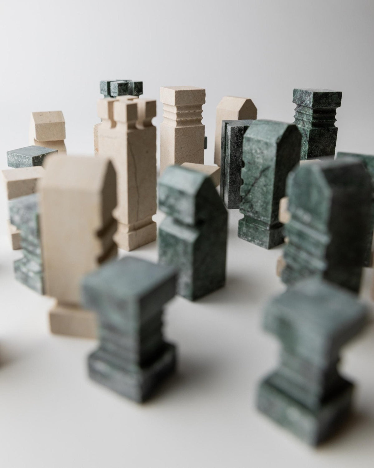 Vintage 1970s Marble Chess Set, Green and Beige Stone Chess Board, Heavy Design, Geometric Chess Pieces, Sculptural Table Game,  Gift Idea — alternate view