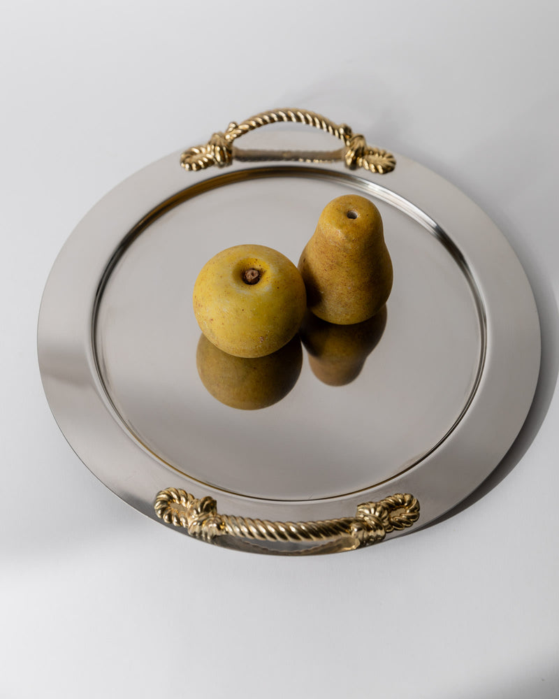 Vintage 1980s Stainless Steel Tray by Inoxpran Italy | The Oblist — round, gold rope handles