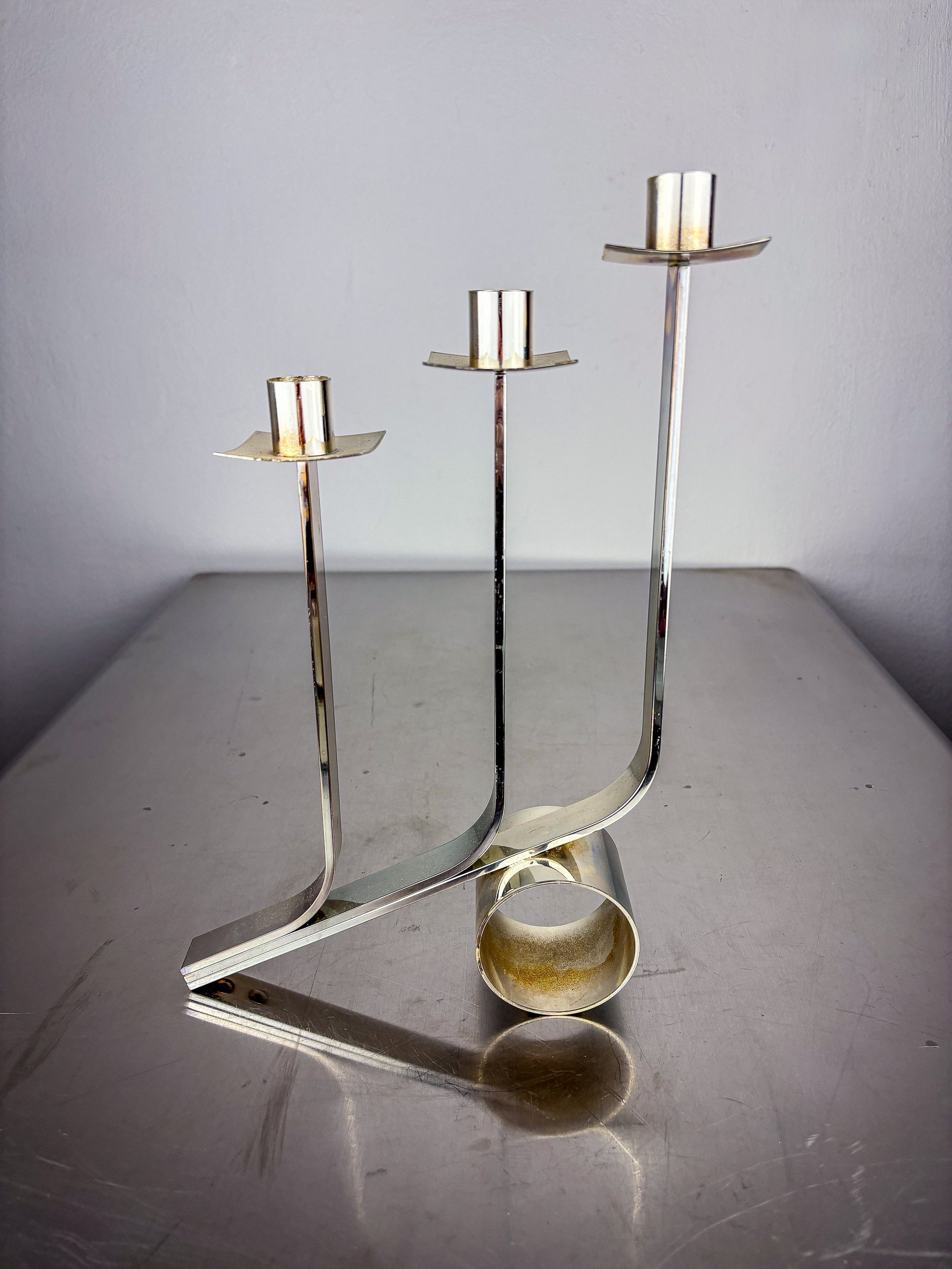Art Deco 3-Flame Candelabra in Stainless Steel, France — close-up