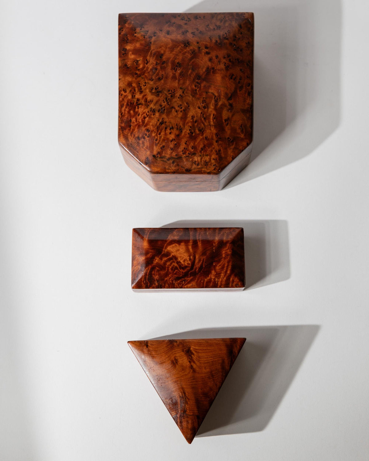 Vintage 1970s Burl Wood Desk Set of 3 Boxes, Different Sculptural Shapes, Mid Century Wooden Storage, Elegant Office Accessories, Gift Idea — in context