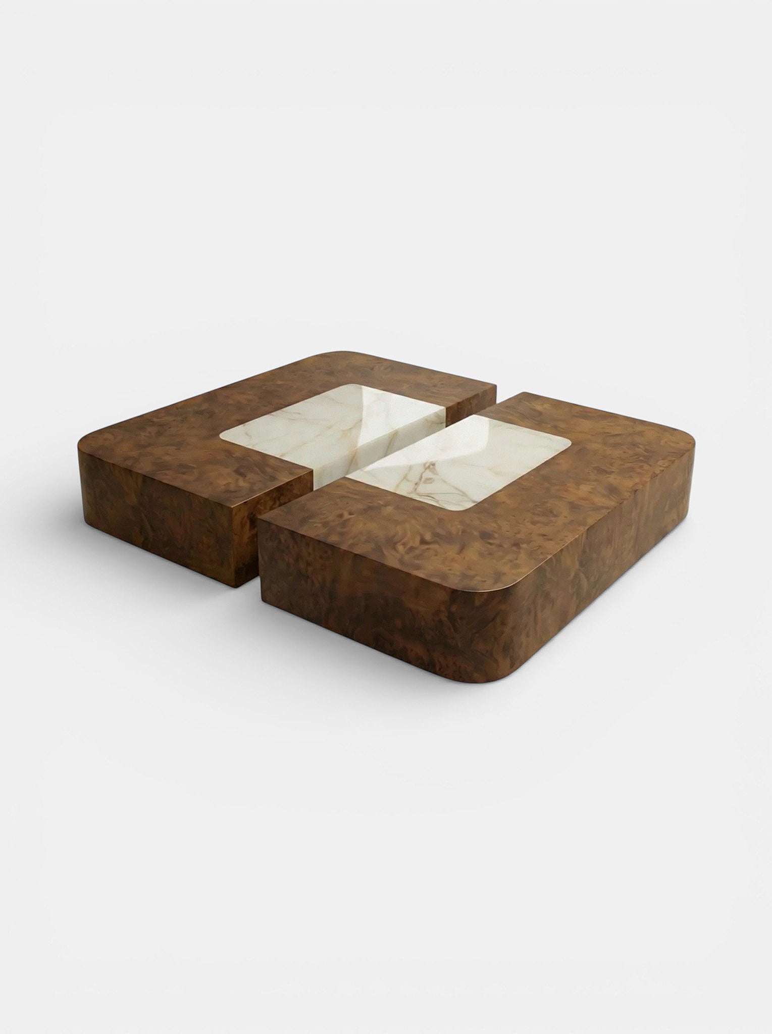 Baci Burl Wood and Shell Onyx Coffee Table — angled view highlighting onyx inlay