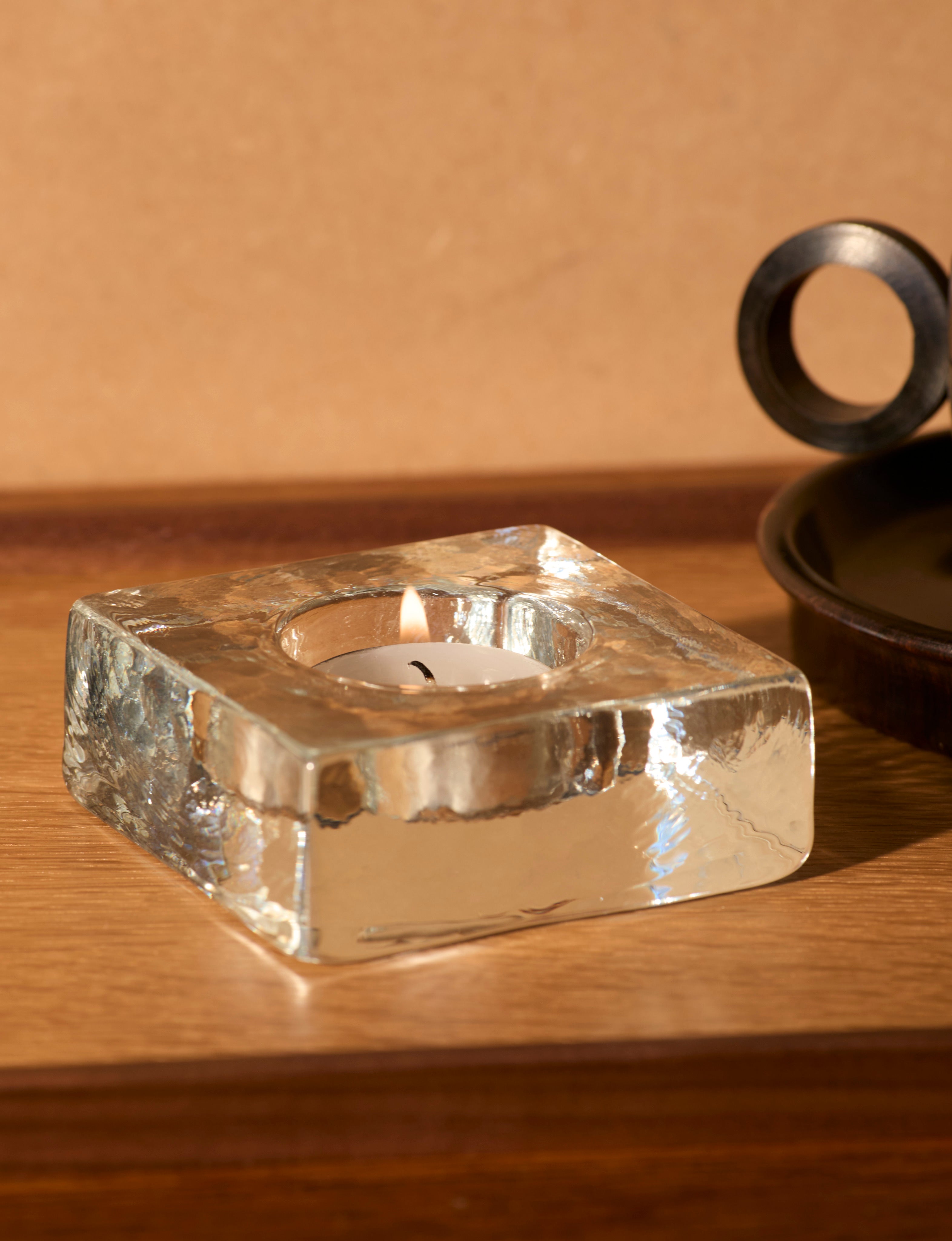 Clear glass candle holder in European glass  — close-up