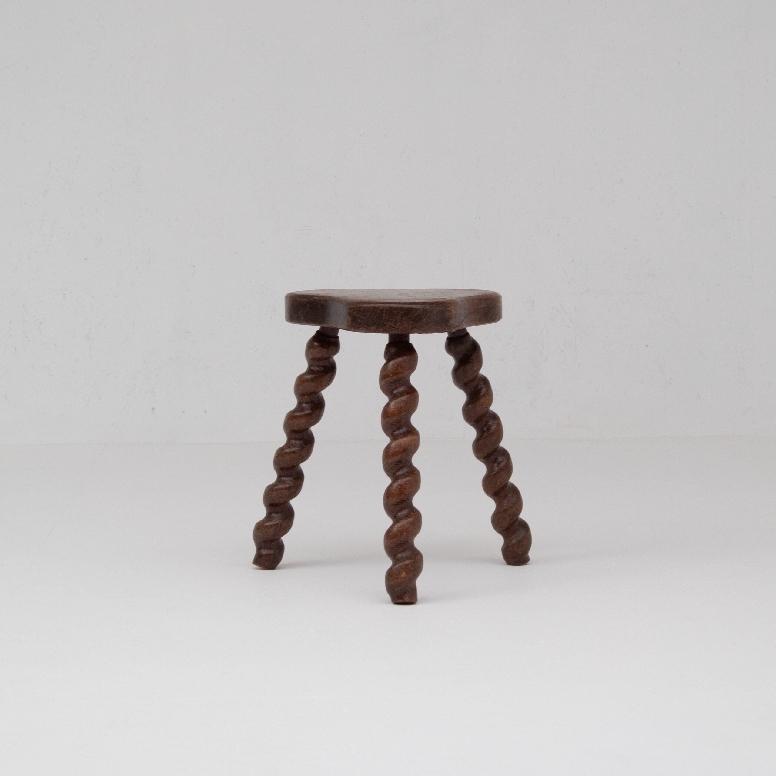 Set of 4 Primitive Oak Stools with Spiral Legs — alternate view