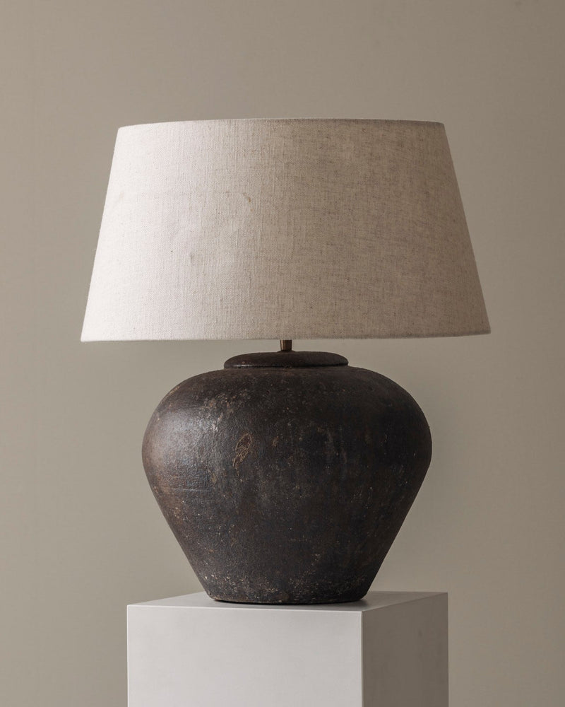 French ceramic table lamp with linen shade from the 1950s. by Modern Living | The Oblist