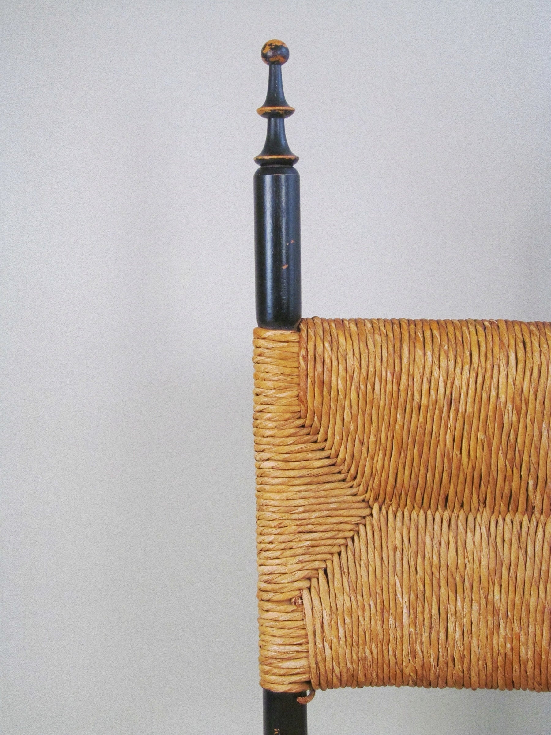Set of Four European Rush-Back Chairs c.1950 — close-up of woven rush backrest