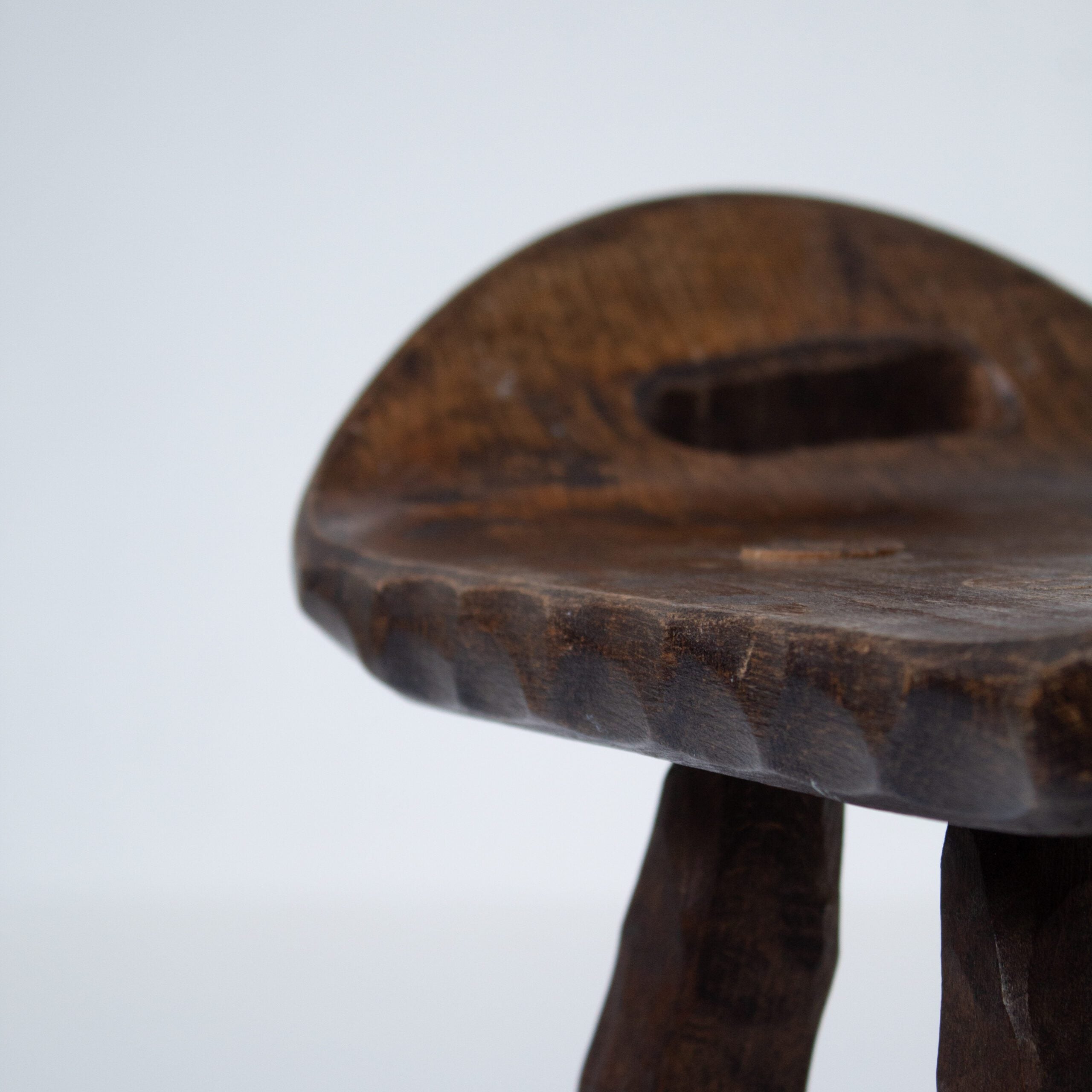 Set of Brutalist stools — close-up of handcrafted wooden seat