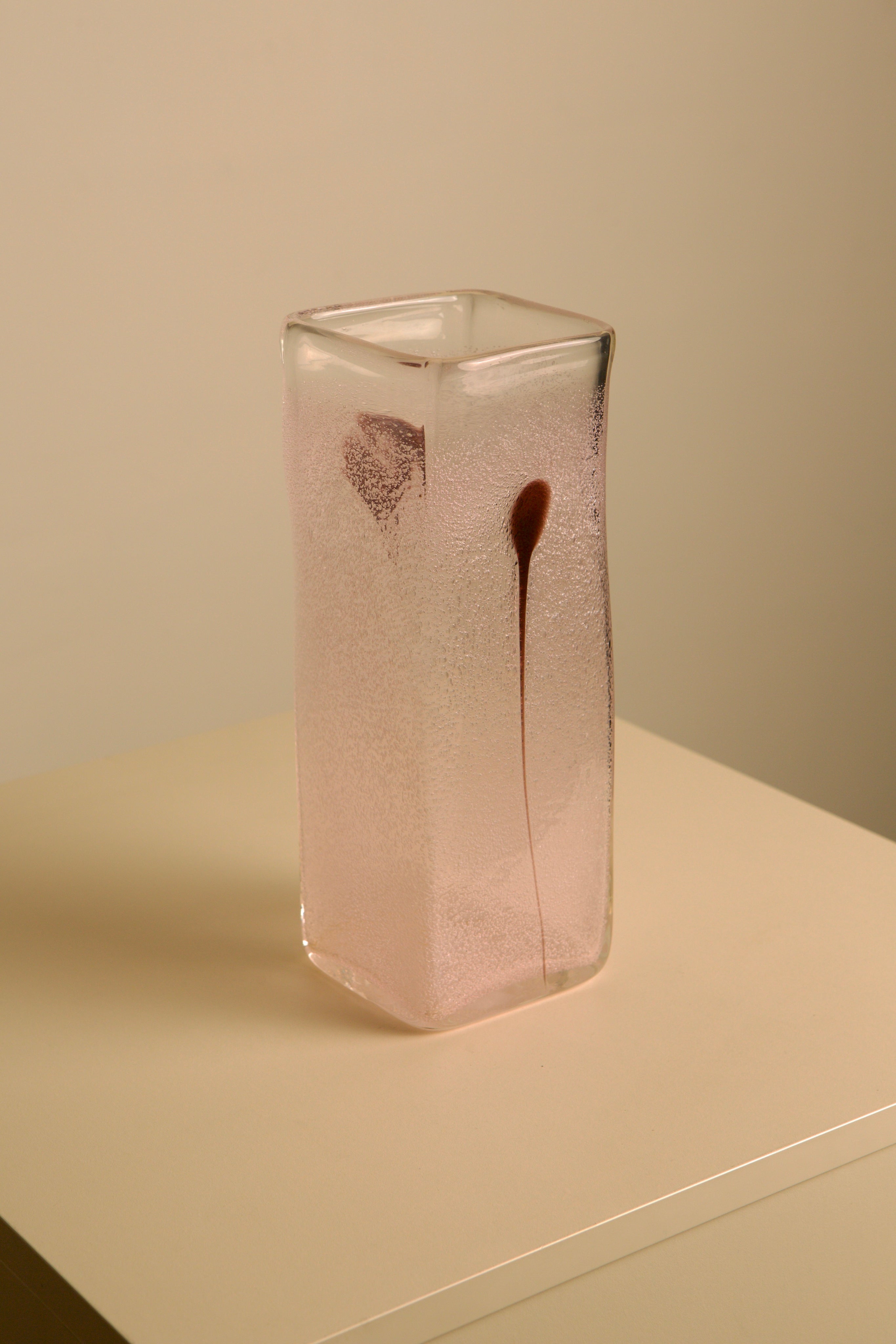 80s Italian Murano glass vase and purple feather — side angle