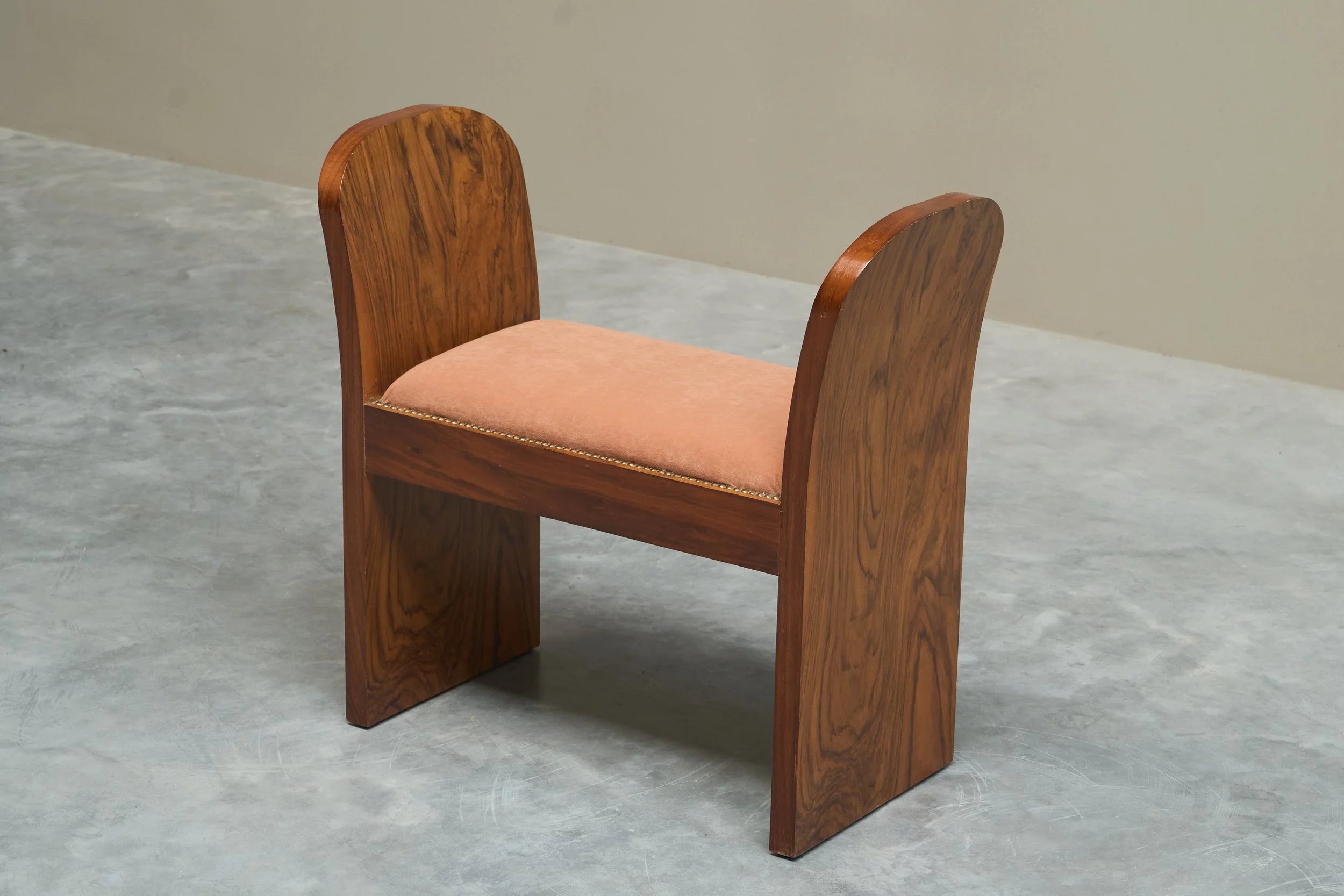 Stunning Art Deco Bench in Burr Burl Walnut and Velvet — additional view