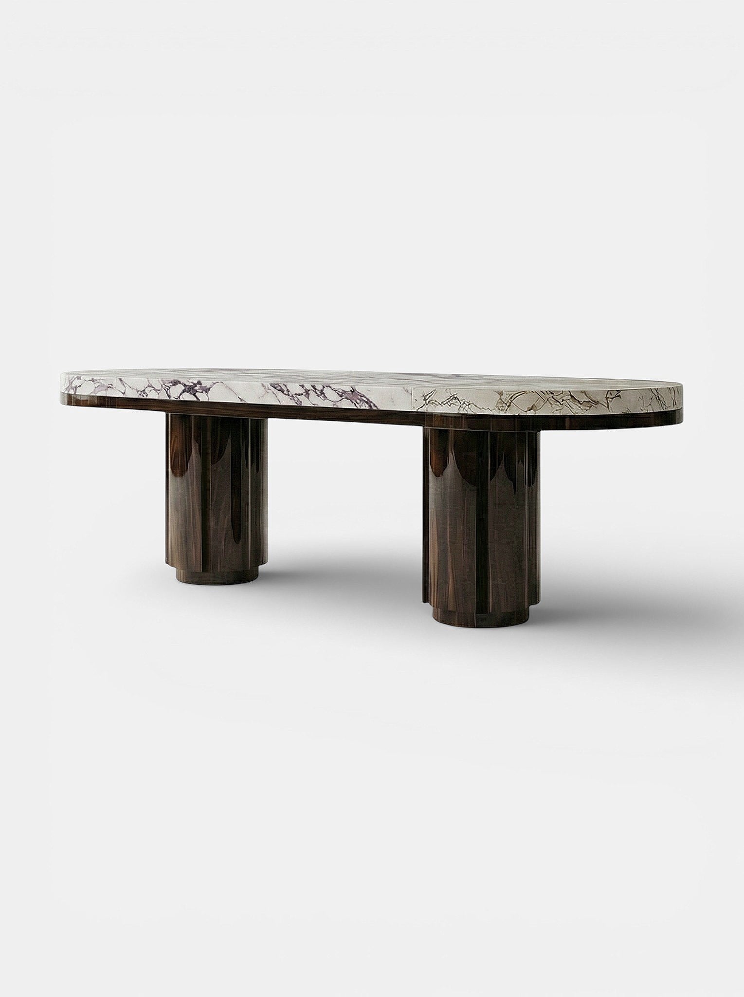 Mira Wood And Calacatta Viola Dining Table — angled view with curved marble top