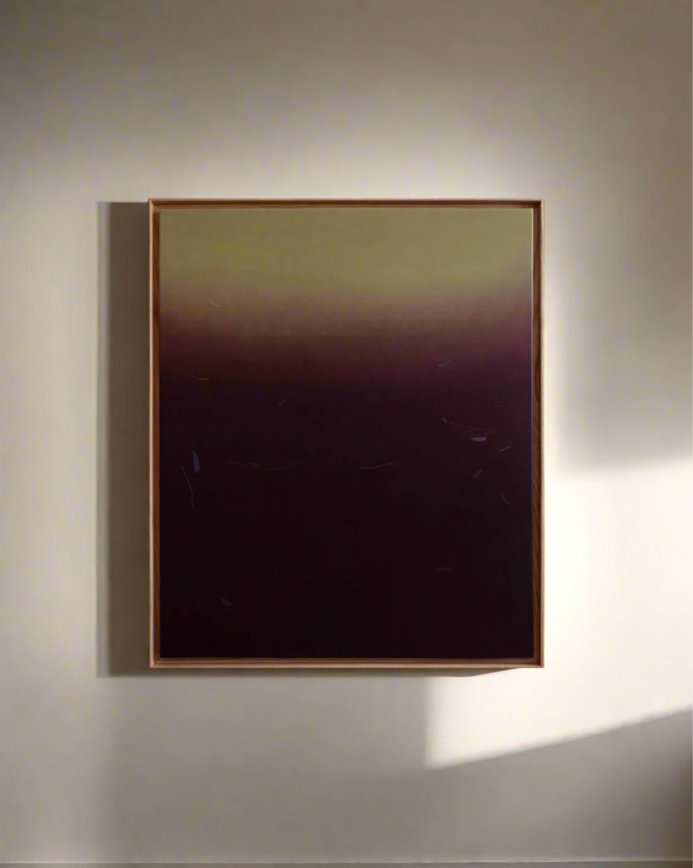 The artwork "Something(s) in the air, 2024" by Rebecca von Matérn features a gradient background transitioning from greenish-yellow at the top to dark purple at the bottom. This abstract piece, crafted with acrylics on canvas, exhibits subtle brush strokes and small, scattered, faint marks. It is elegantly framed in a simple shadow frame made of hard-waxed oak.