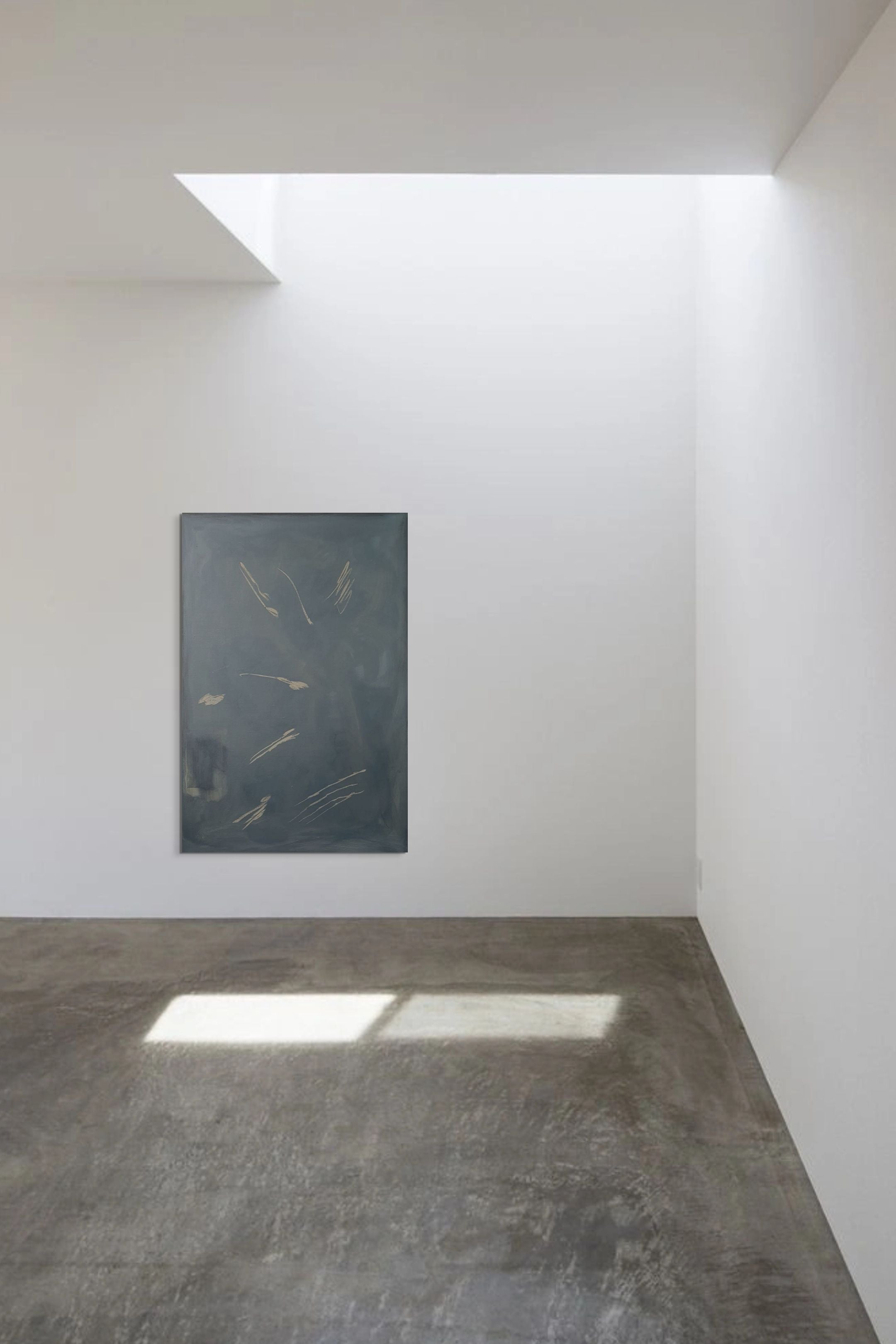 A minimalist, sunlit room with concrete floors and white walls displays 'I am rooted, but I flow' by Yeliza Gevorgyan in muted tones. Skylight casts geometric shadows; includes certificate of authenticity.