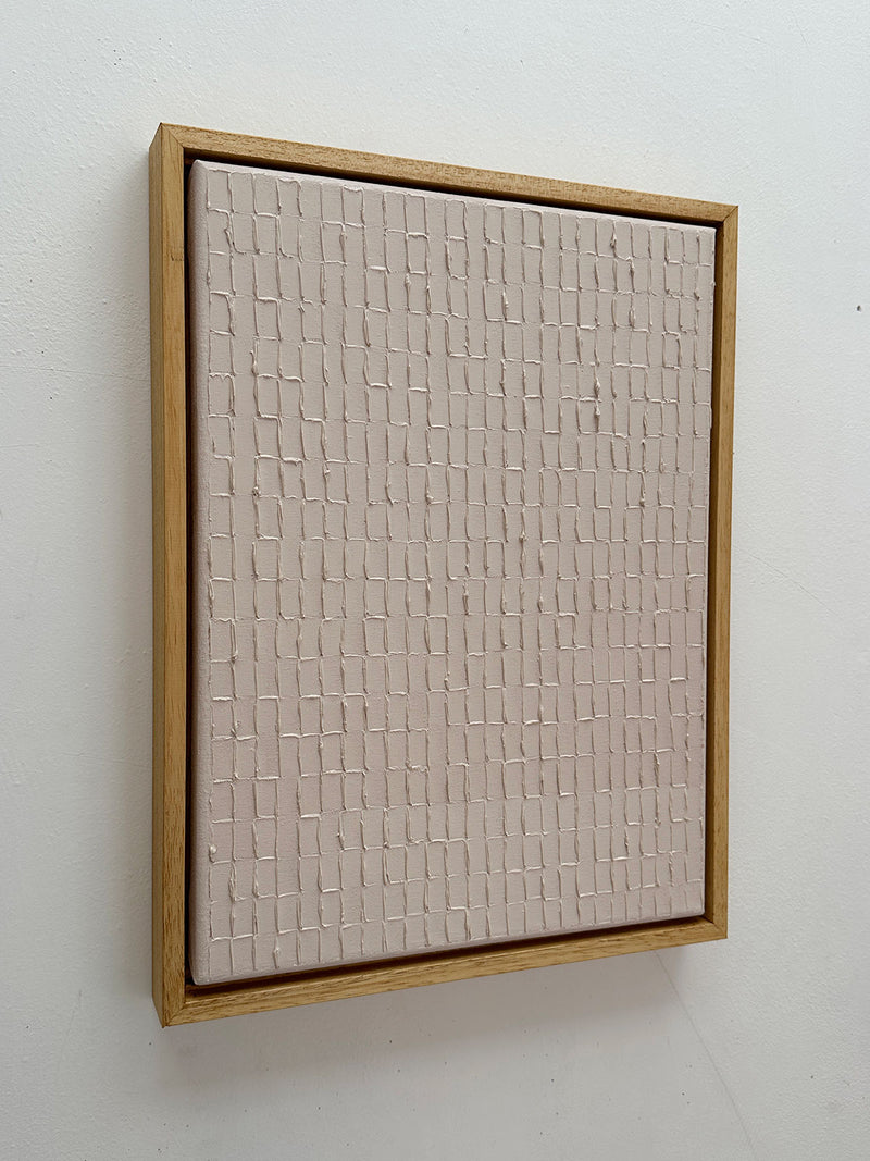 Textured beige abstract painting with grid pattern by Roi Elmaliah