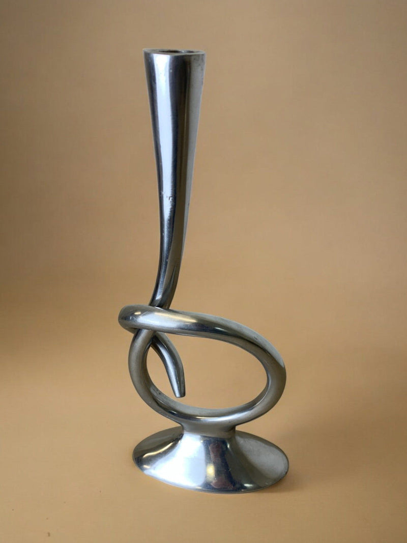 Sculptural aluminum candleholder with curved spiral base, Spain 1970s