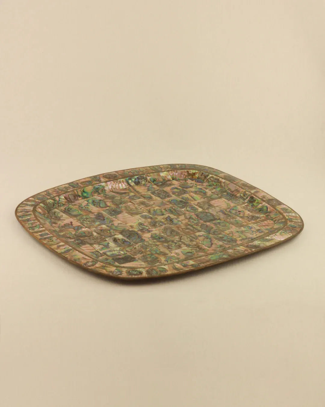 Handcrafted Mexican abalone tray with intricate mosaic design and vibrant colors