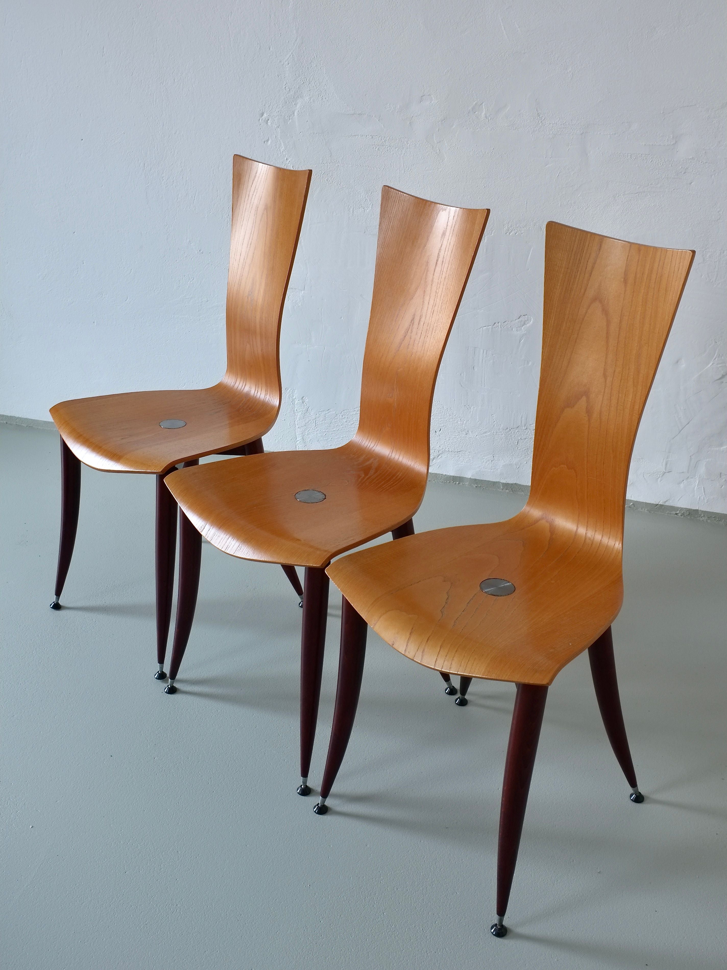 Set of 3 Plywood Burgundy Legs Chairs, Italy 1980s