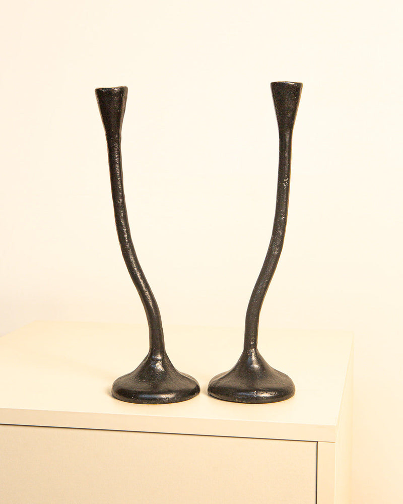 Pair of twisted black aluminum candleholders from the 1980s
