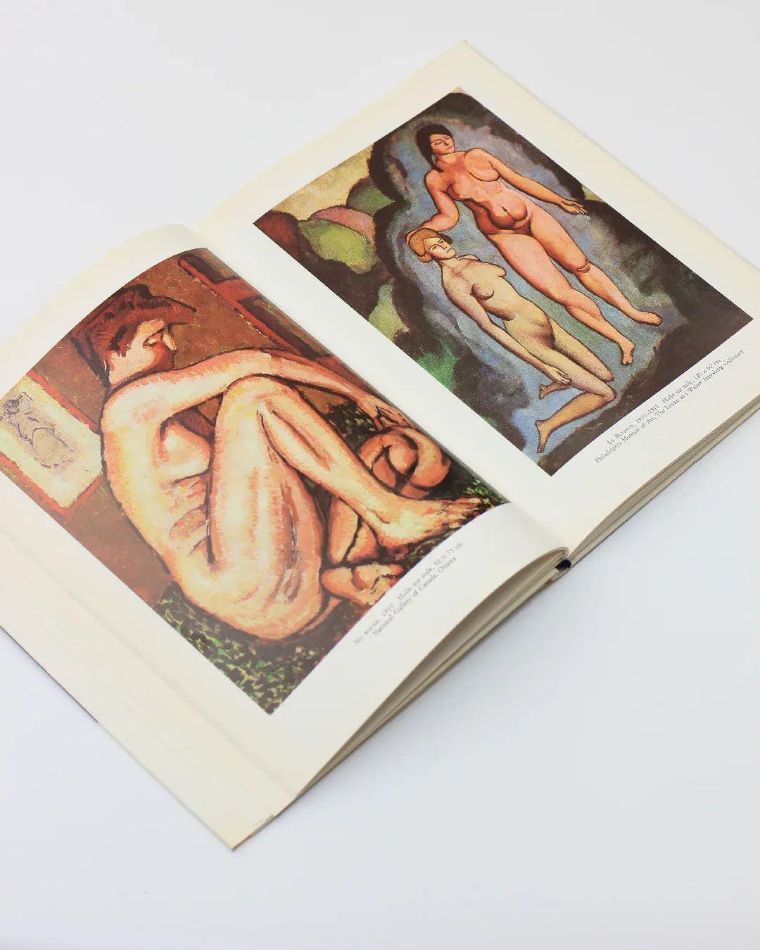 A book from Boga Avante Shop titled "Marcel Duchamp by Sarane Alexandrian" is open, revealing two pages of art inspired by conceptual styles. On the left page is a painting of a seated nude figure with an abstract backdrop, while the right page displays two standing nude figures set against an expanse of blue and green, reminiscent of Marcel Duchamp's artistic style.