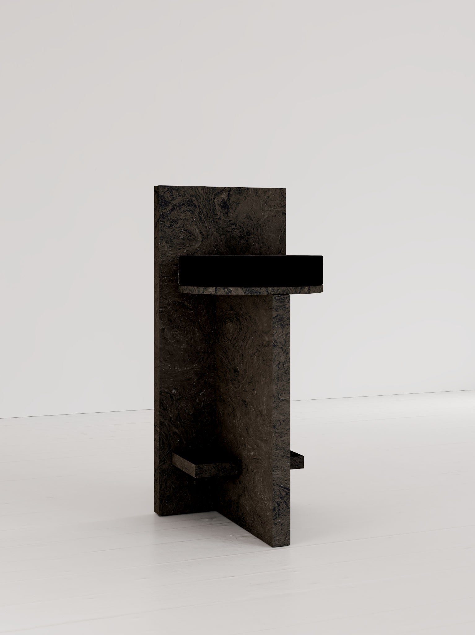 The 'Meï 02' Stool Bar by volta is a minimalist, sculptural chair crafted from dark marbled stone. Made to order, it features geometric forms with a flat seat intersecting two vertical slabs, set in a white, empty room.