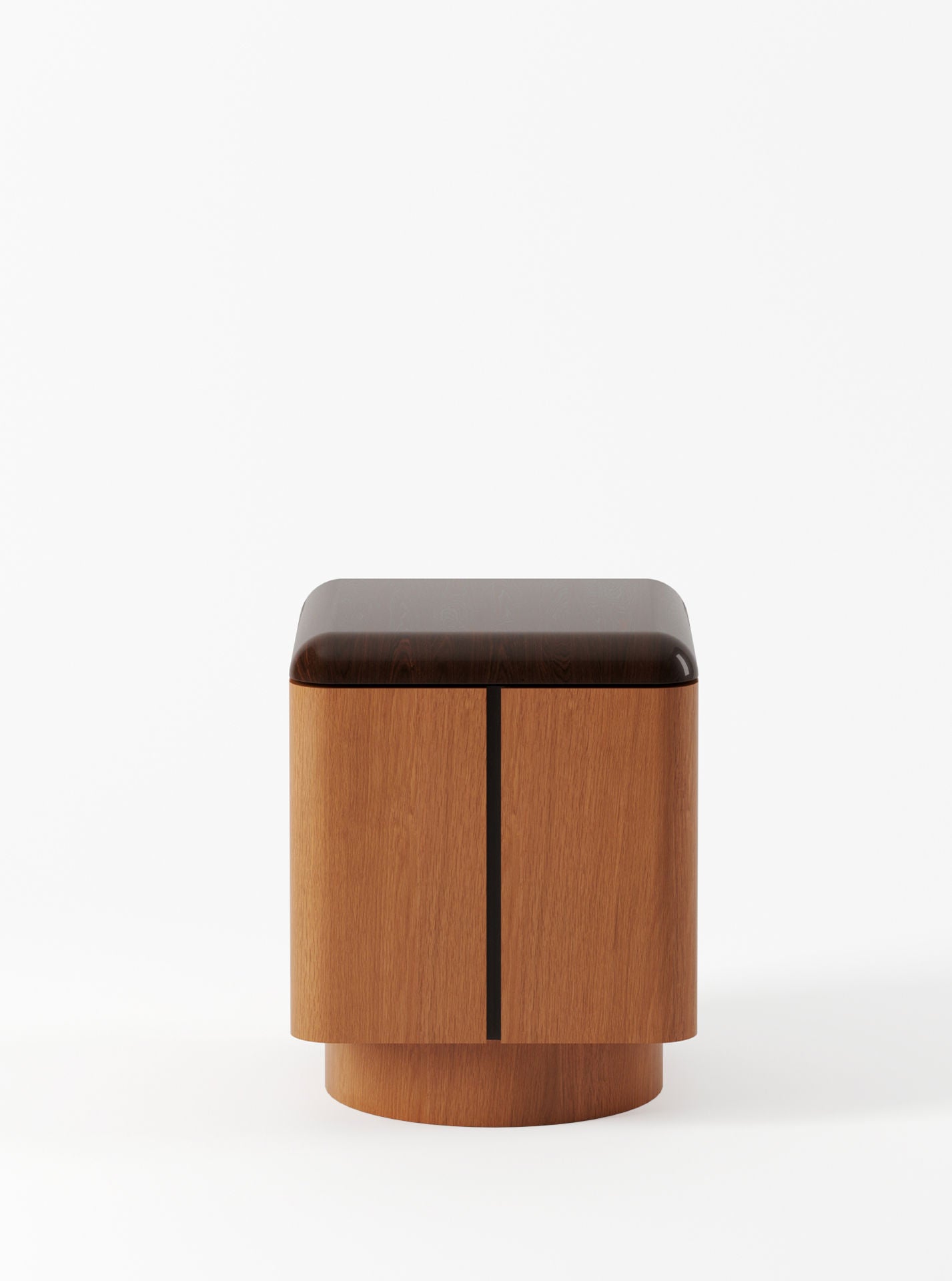 A modern Pair of Lemon Nightstands with a dark brown, rounded cushion on top, and a polished walnut, barrel-shaped base, against a plain white background.