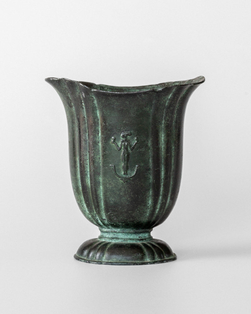 Green patina cast iron Art Deco vase with anchor motif detail