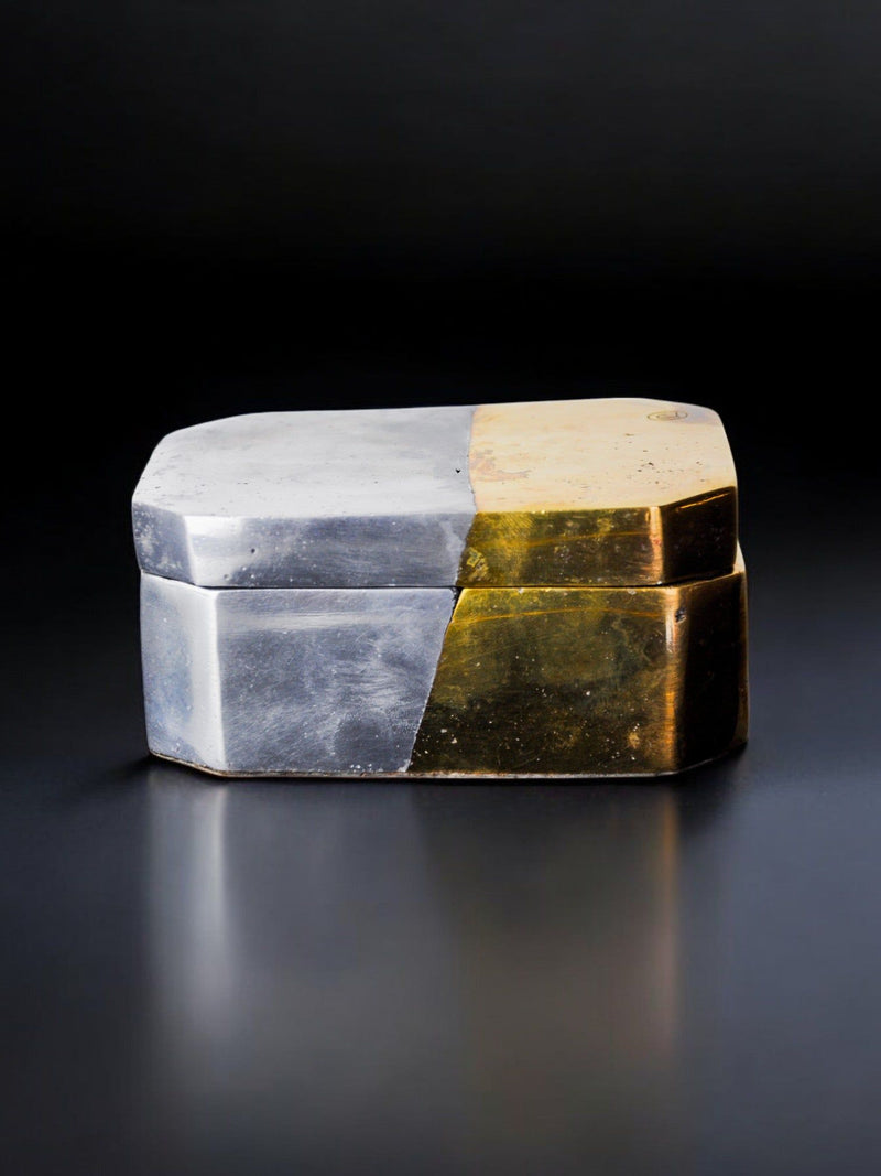 1970s brutalist stone box with contrasting marble sections