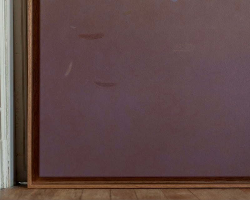 The 'Lilac' Painting, 2025 by Rebecca von Matérn showcases a minimalist design on acrylic canvas with a purplish-brown background and subtle shapes. It is elegantly set in a shadow frame of amber-tinted, hard-waxed oak, displayed on a wooden floor against the wall.
