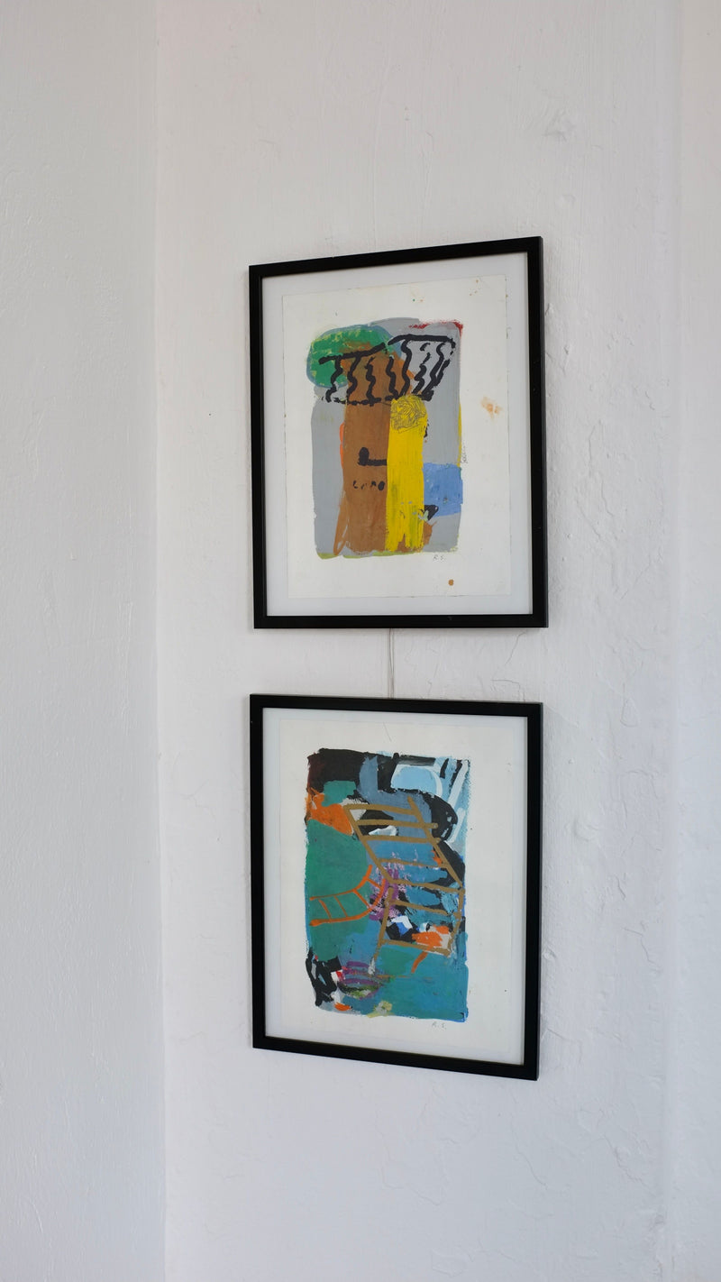 Two framed abstract paintings with vibrant colors by Roger Svensson