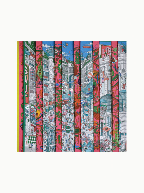 A vivid, detailed illustration of a bustling city street with tall buildings and numerous people spans across multiple volumes of the red hardcover Hermès Pop Up Book by Maison Plage. This continuous cityscape, reminiscent of Hermès Pop Up scarf designs, showcases intricate and colorful urban details with a touch of luxury.