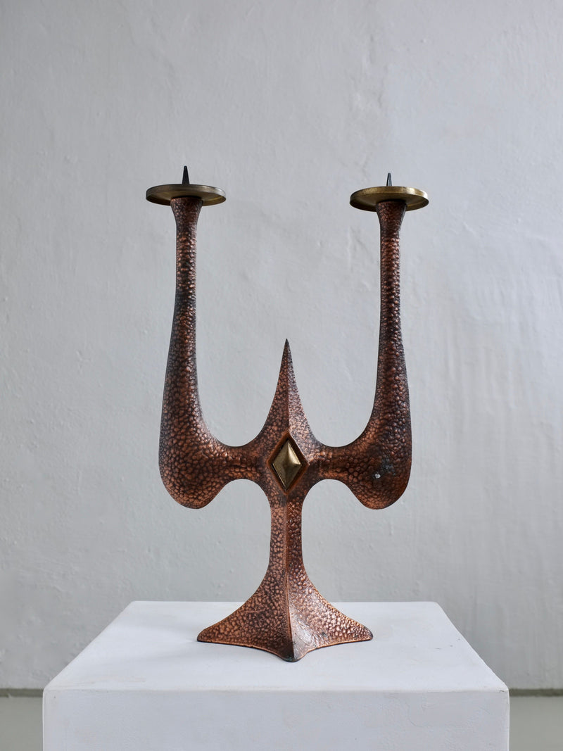 Brutalist copper brass candle holder with hammered texture, 1960s