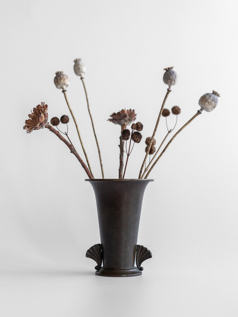 Danish Art Deco bronze vase with dried botanical arrangement