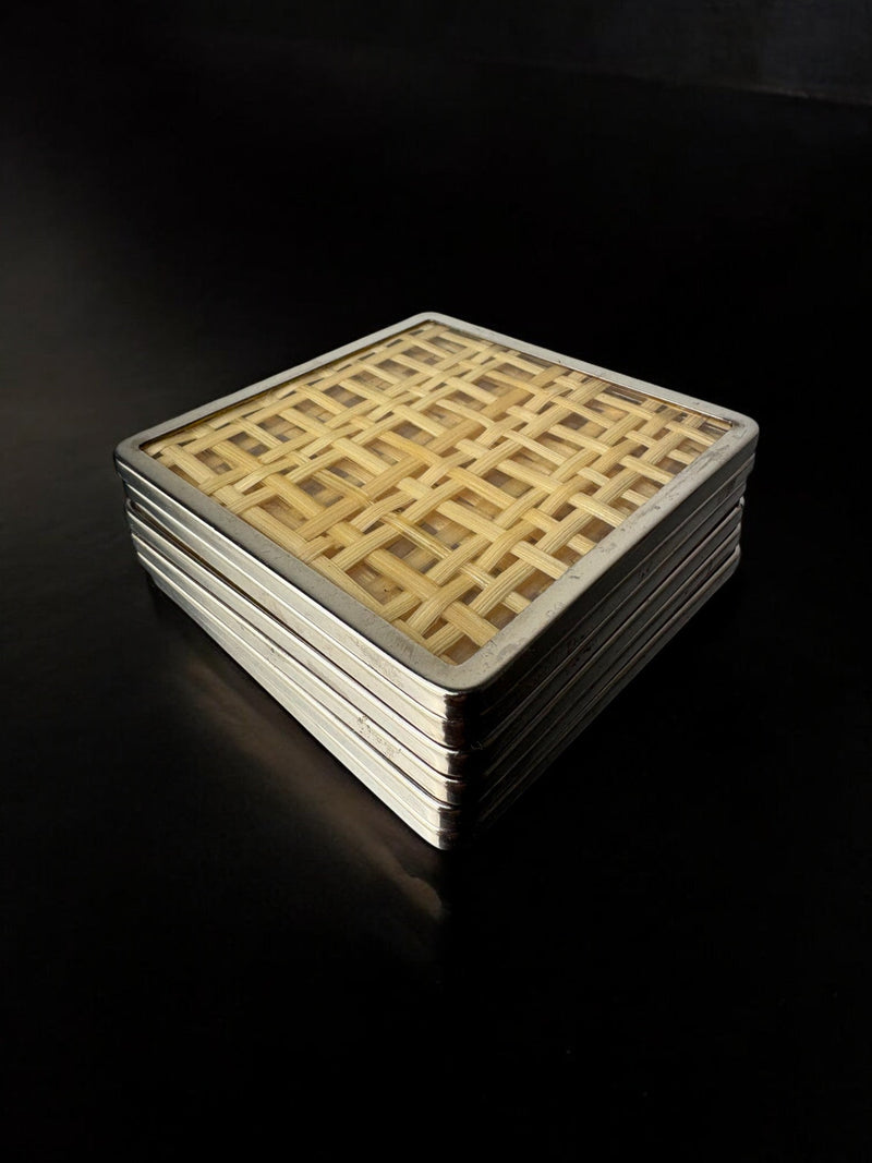 Stack of six lucite rattan coasters with woven bamboo pattern Italy 1970s