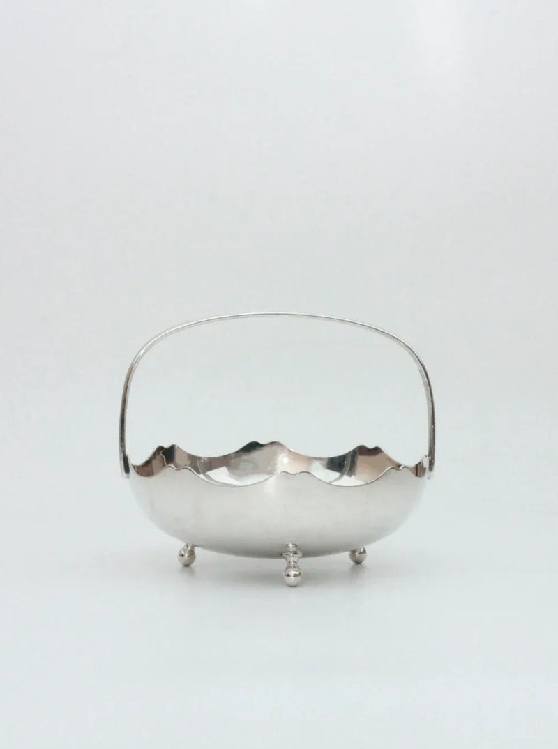 Handcrafted Silver Vintage Basket with Intricate Woven Design and Elegant Handles