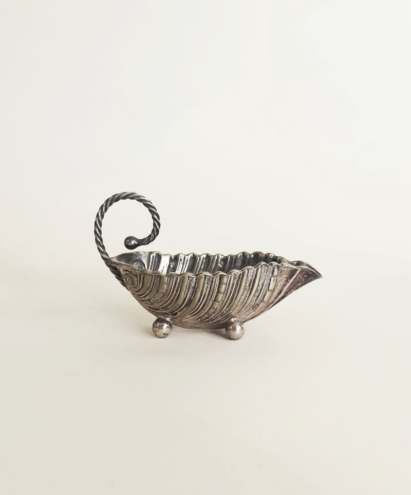 Victorian silver-plated shell sauce boat with twisted rope handle