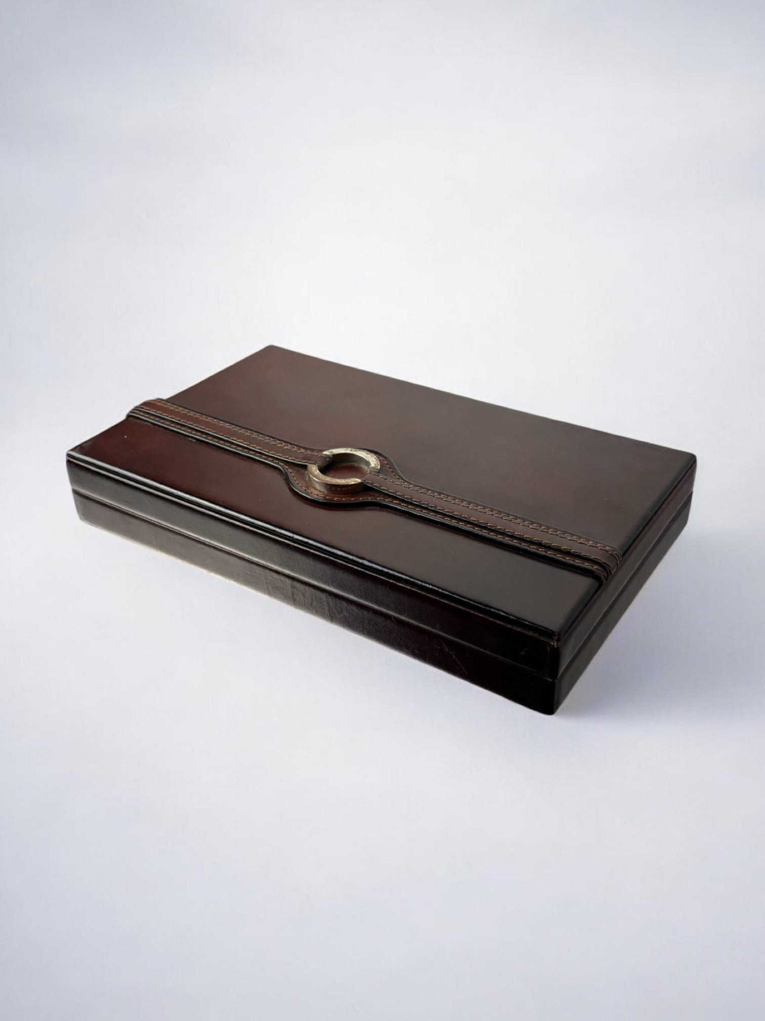 Brown leather and wood Loewe box with brass closure detail