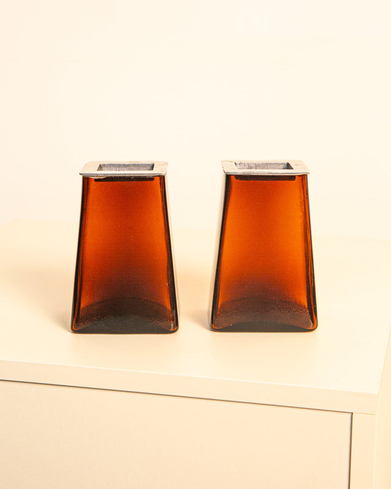 Pair of Italian amber glass vases with metal rim from 1980s