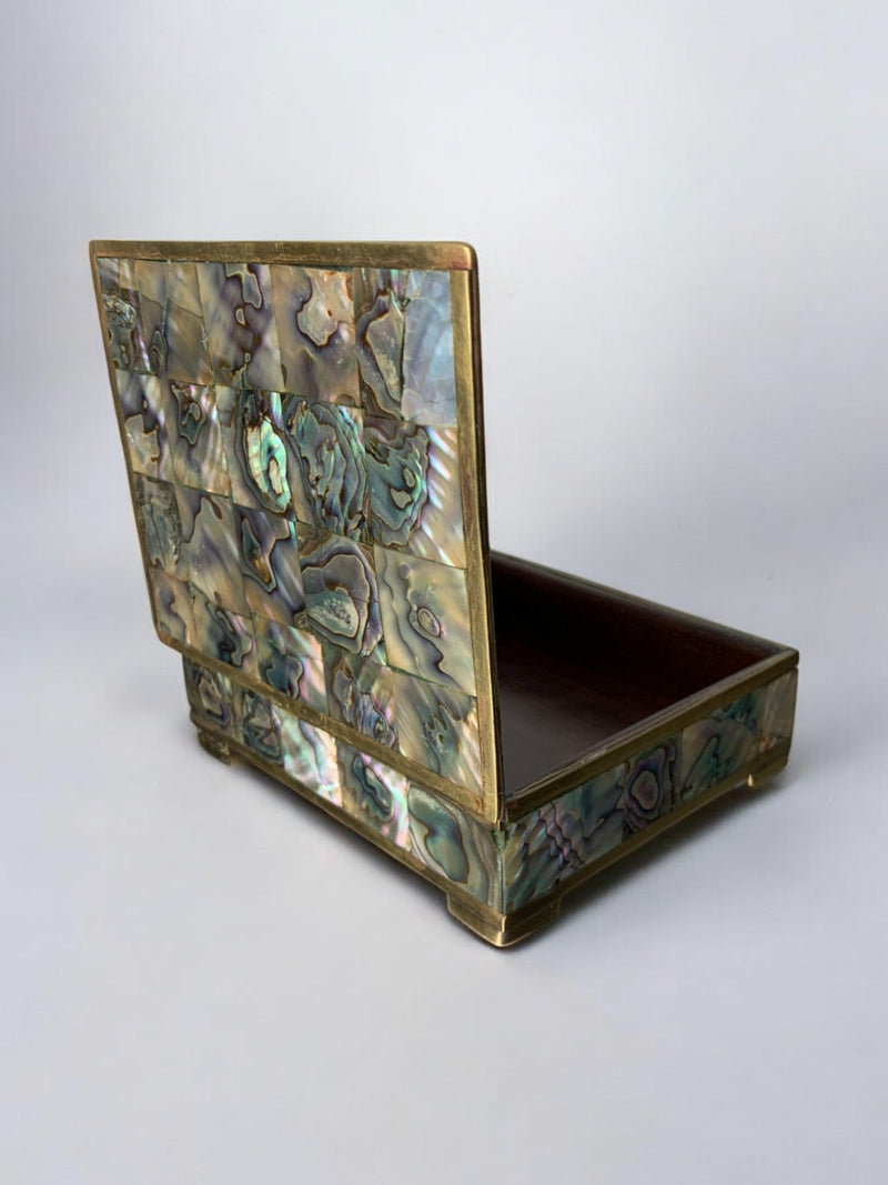 Vintage abalone shell decorative box with alpaca inlay, Mexico 1970s