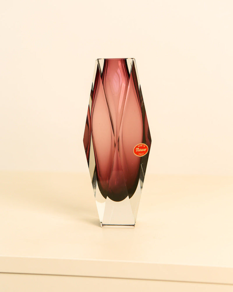 Burgundy diamond-cut Murano glass vase faceted surface detail