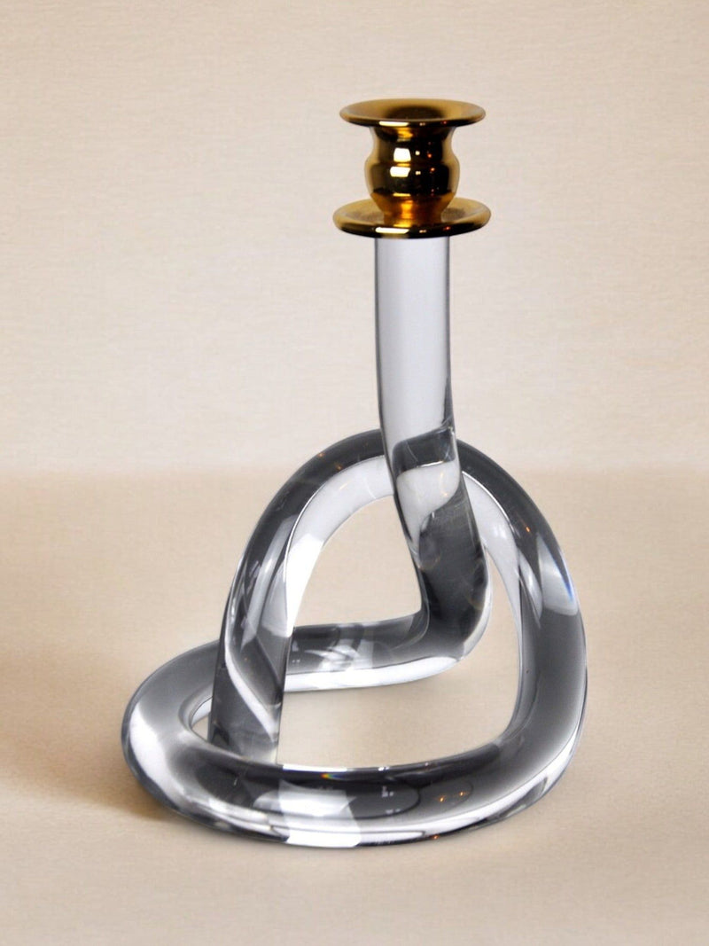 Clear glass candleholder with twisted loop base and gold top, 1980s