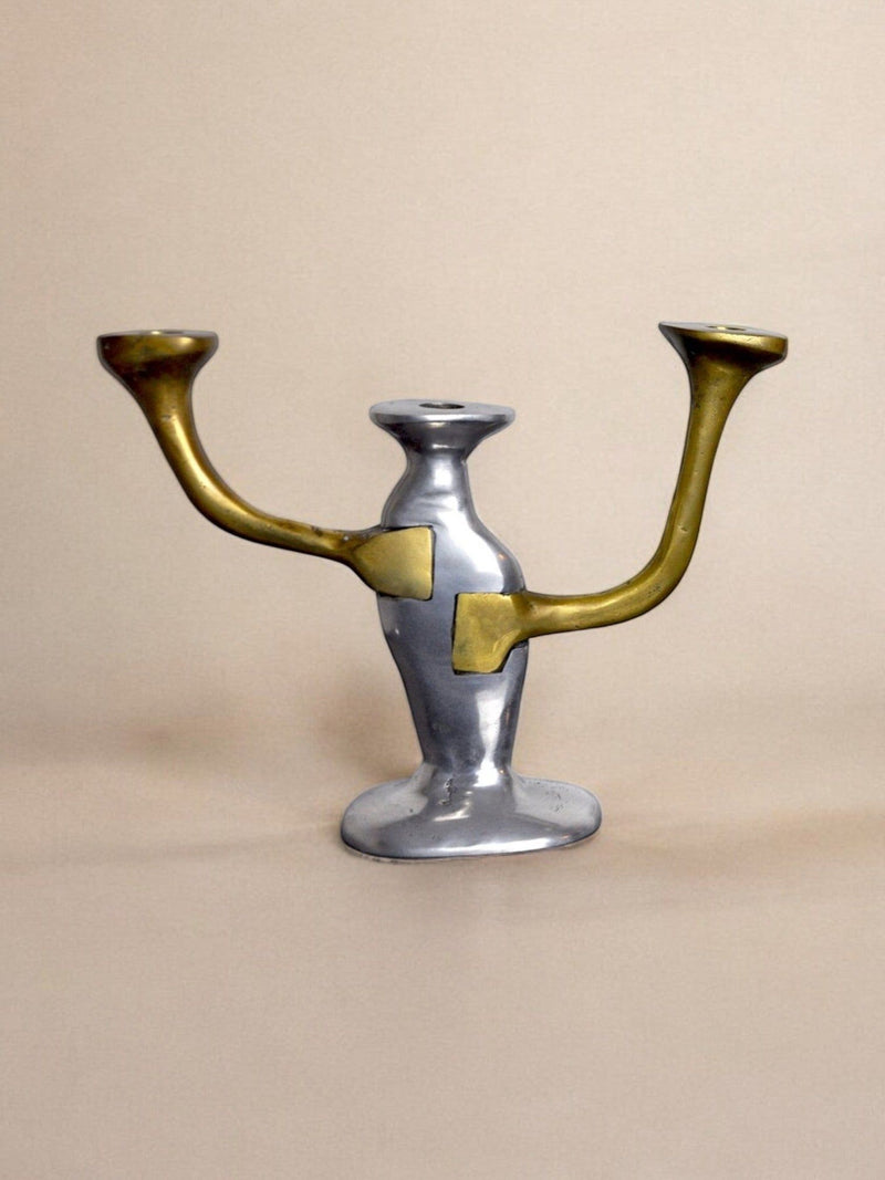 Three-arm brutalist brass and pewter candelabra by David Marshall