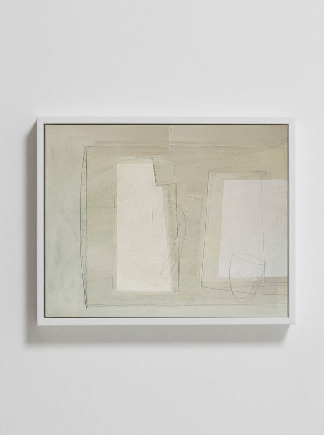 A framed original artwork hanging on a white wall. The composition features soft, muted tones of gray and beige, with overlapping geometric shapes and fine, sketch-like lines. This minimalist still life painting, the "White Table Painting" by Lara Voce, is acrylic on a cradled wooden panel, boasting a textured appearance.