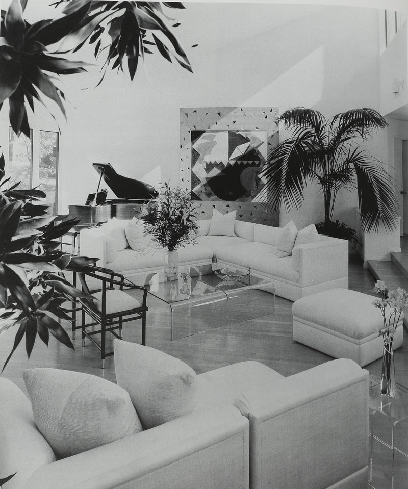 Black and white modernist living room with sectional sofa and plants