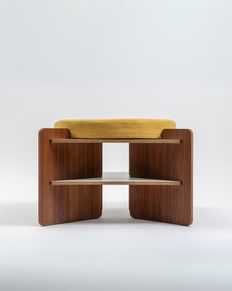 Modern walnut wood bench with golden upholstered seat cushion
