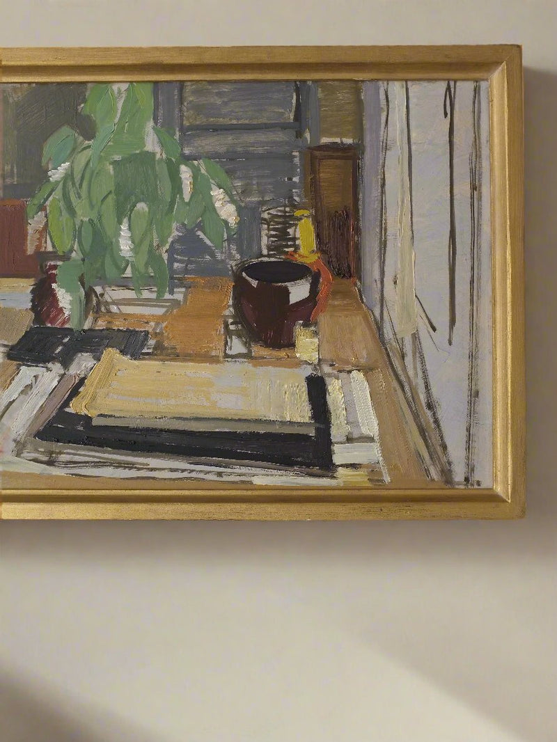 An artwork titled "Interior Oil Painting by SVEN OLOF ROSEN" from 1958, portrays a still life scene of a plant on a table, a bowl, and abstract shapes in muted tones within its wooden frame. Created by the Swedish artist Rosen, this oil on board piece uses vertical and horizontal lines to evoke window and interior elements. Available from Veter Vintage.