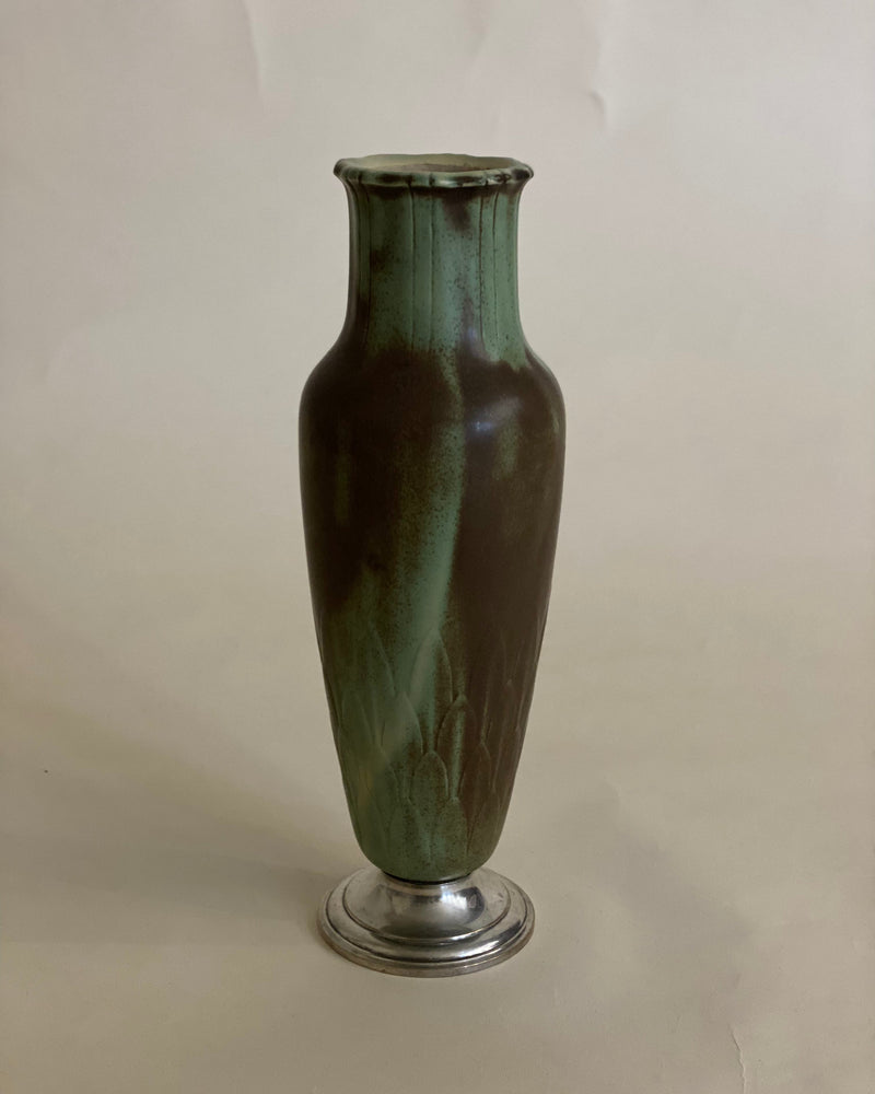 Green glazed ceramic Art Deco vase with silver base from France