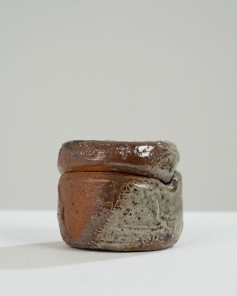 Handmade stoneware box with glazed brown and speckled finish