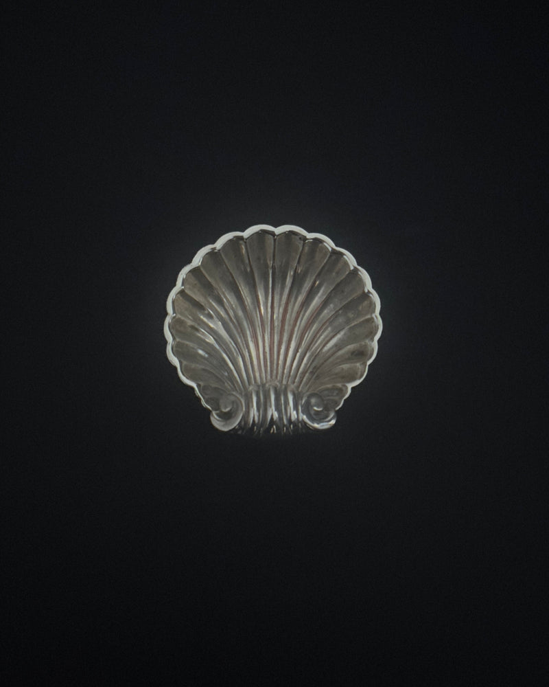 Silver shell dish detail view showing scalloped ridges and metallic finish