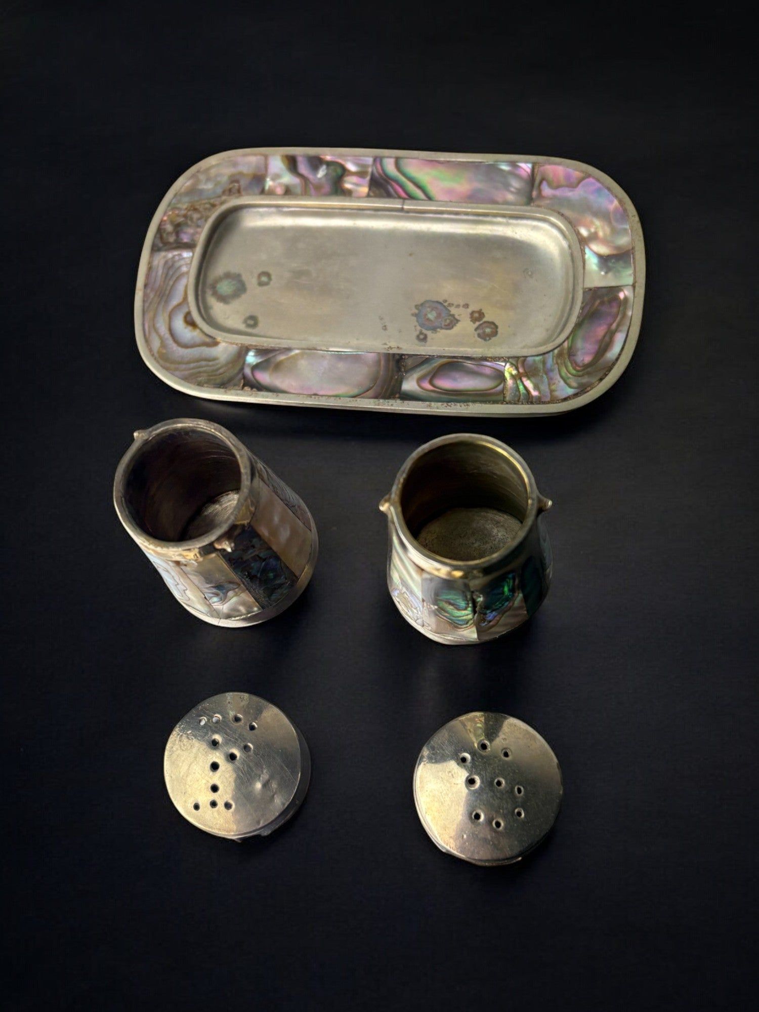 Vintage abalone shell salt pepper shakers Mexico 1970s detail view