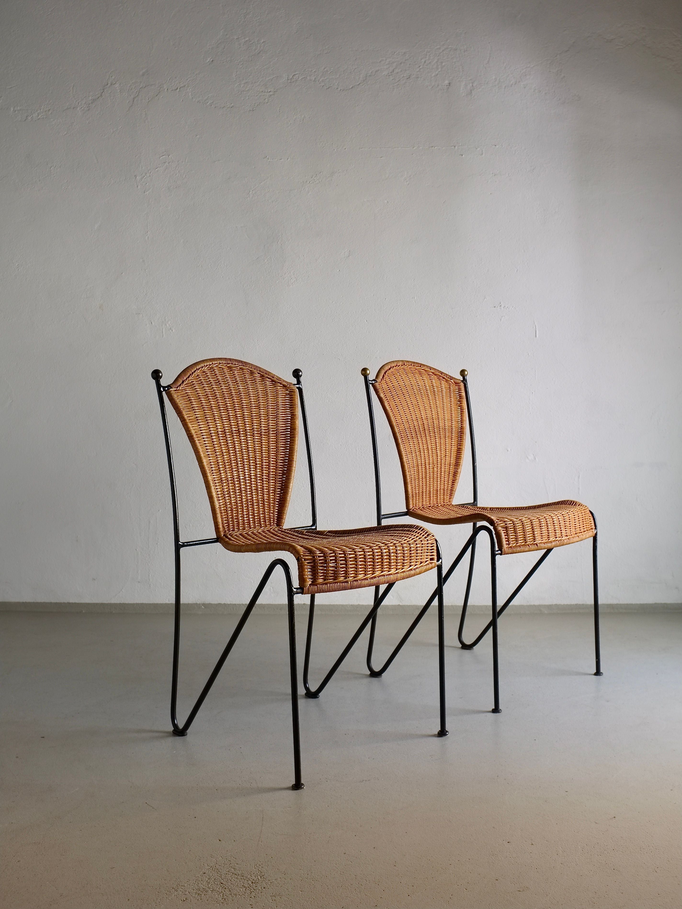 6 Frederick Weinberg Wicker Iron Chairs, 1960s