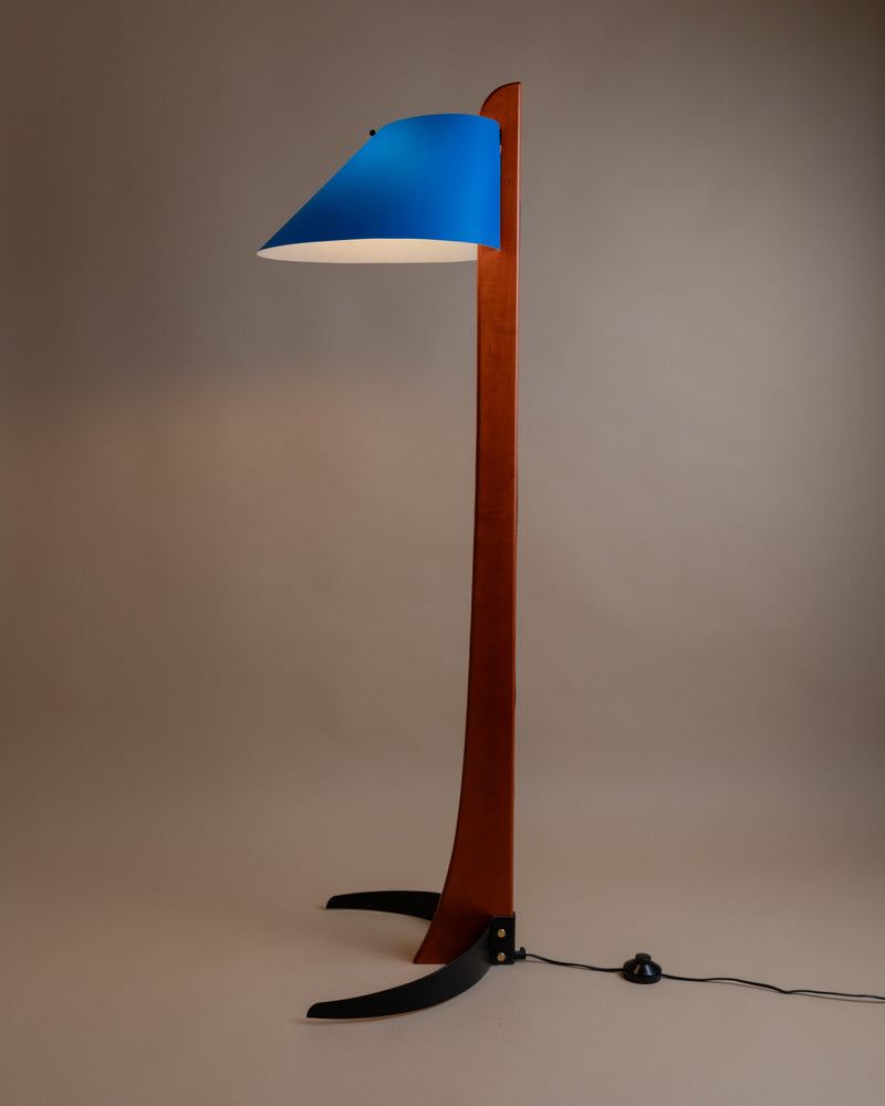 Pinocchio floor lamp blue shade orange wood stem by Zonca 1980s